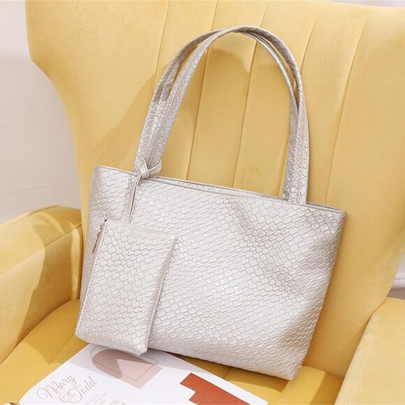 Elegant Vegan Leather Woven Tote Bag Set - Versatile & Stylish 2pc for Women - Picture 2 of 6